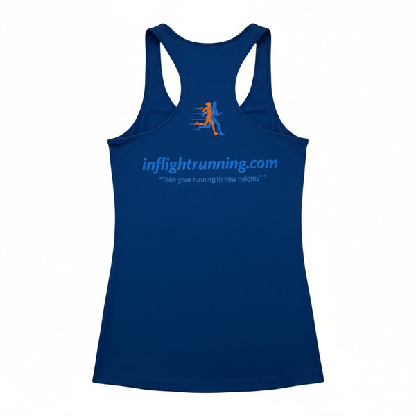 In Flight Running blue polyester racerback tank top with logo and website on back. Lightweight and moisture-wicking.