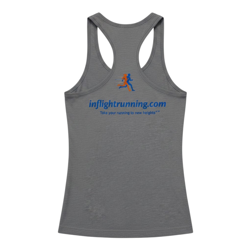 In Flight Running grey tri-blend racerback tank top with blue and orange running graphic and website text.