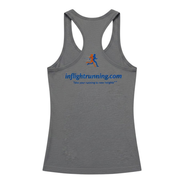 In Flight Running grey tri-blend racerback tank top with blue and orange running graphic and website text.
