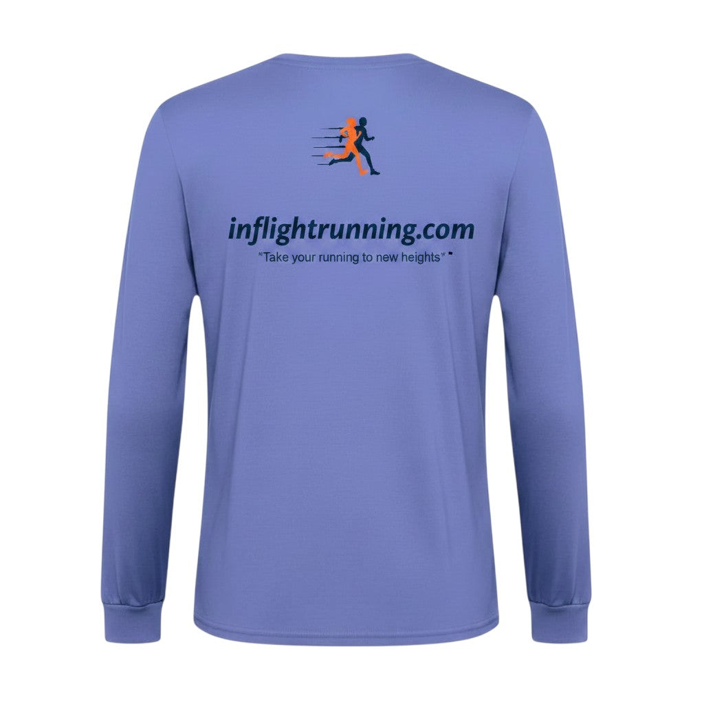 In Flight Running men's heathered purple long sleeve polyester running shirt with logo and tagline.