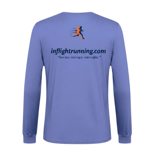 In Flight Running men's heathered purple long sleeve polyester running shirt with logo and tagline.
