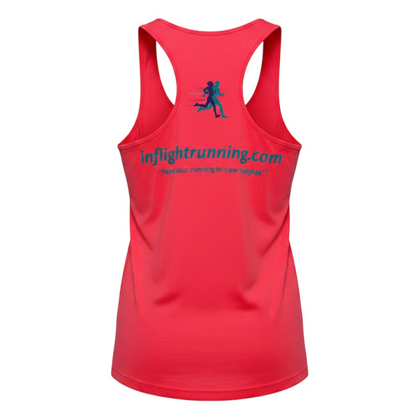 In Flight Running women's neon pink polyester racerback running tank with logo and website on back.