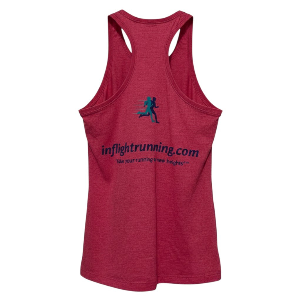 In Flight Running women's pink tri-blend racerback tank top with moisture-wicking fabric and logo.