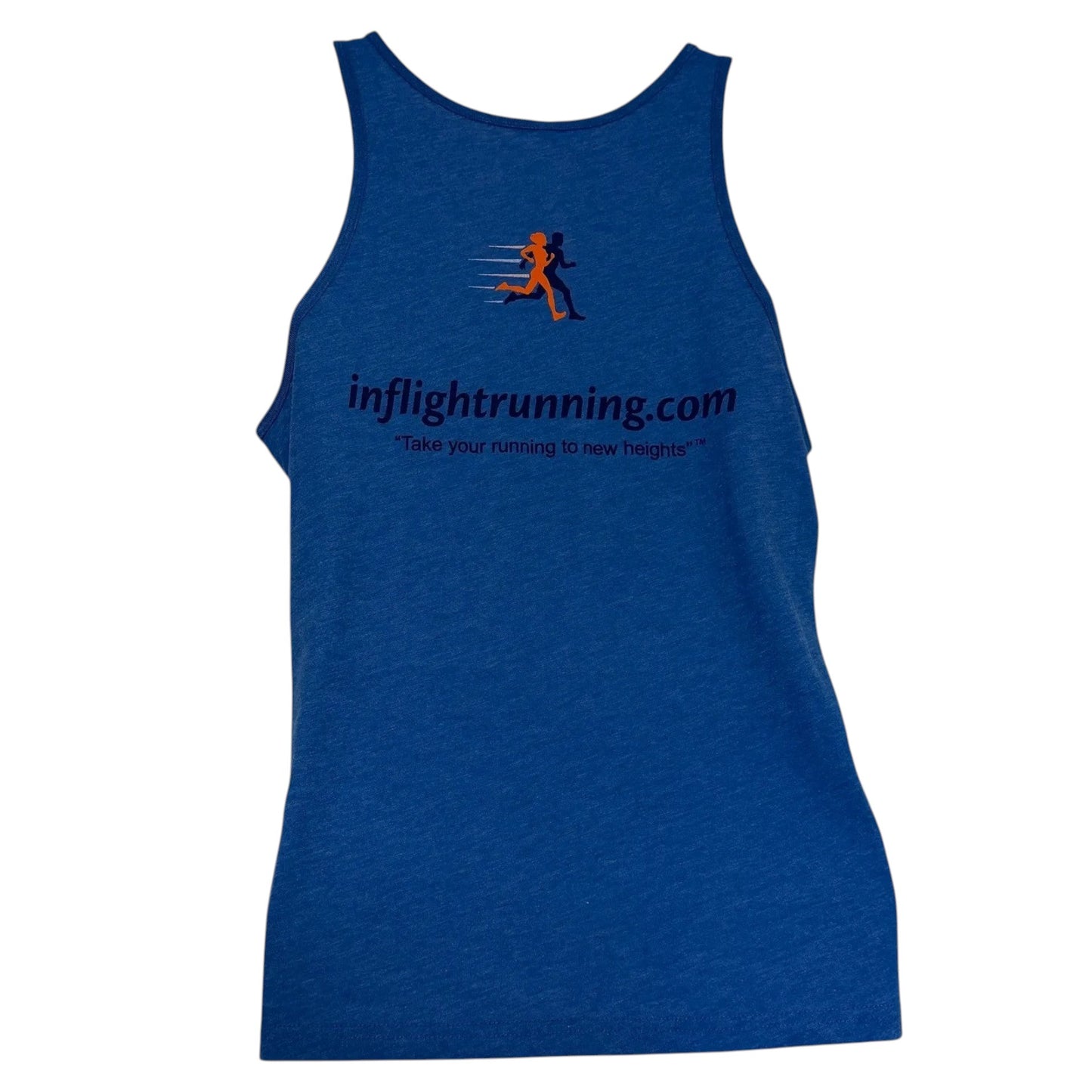 In Flight Running royal blue triblend unisex running tank with rounded neck and side seams. Features logo on front and website/tagline on back.