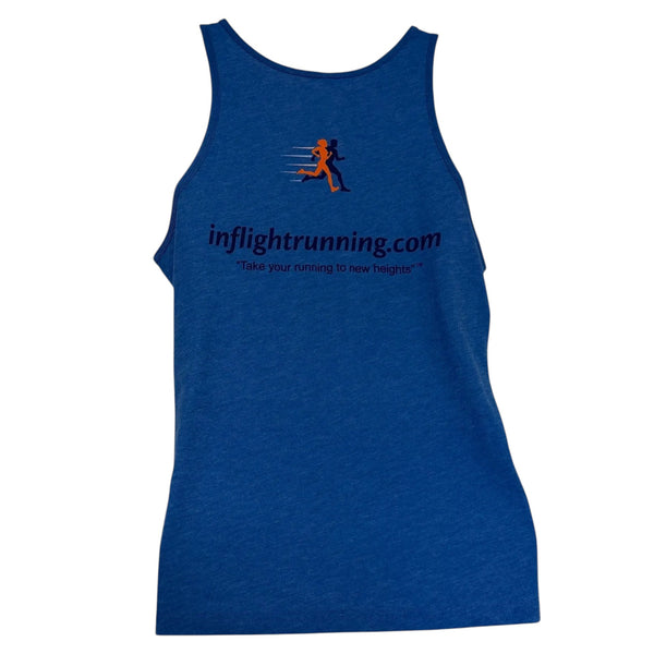 In Flight Running royal blue triblend unisex running tank with rounded neck and side seams. Features logo on front and website/tagline on back.