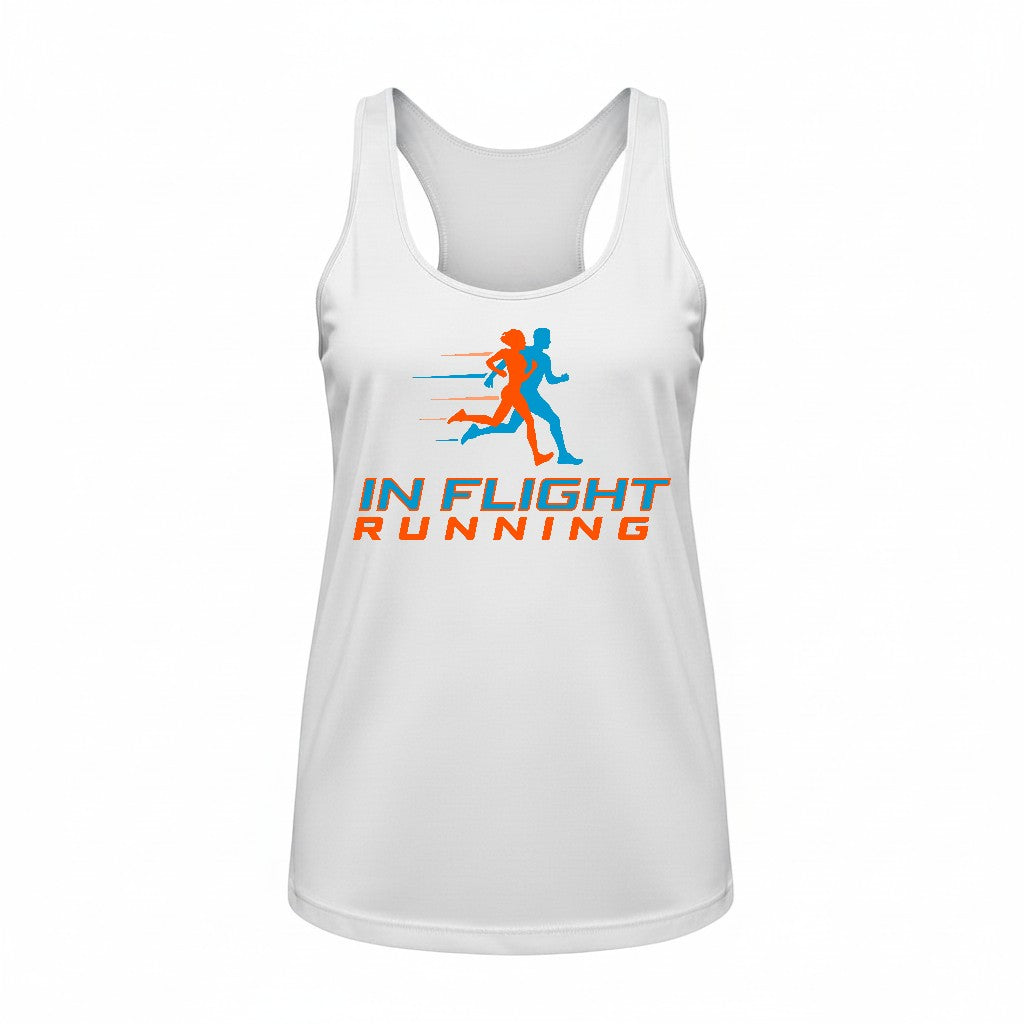 In Flight Running white polyester racerback tank top with blue and orange running graphic and website.