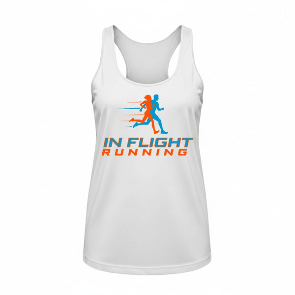 In Flight Running white polyester racerback tank top with blue and orange running graphic and website.