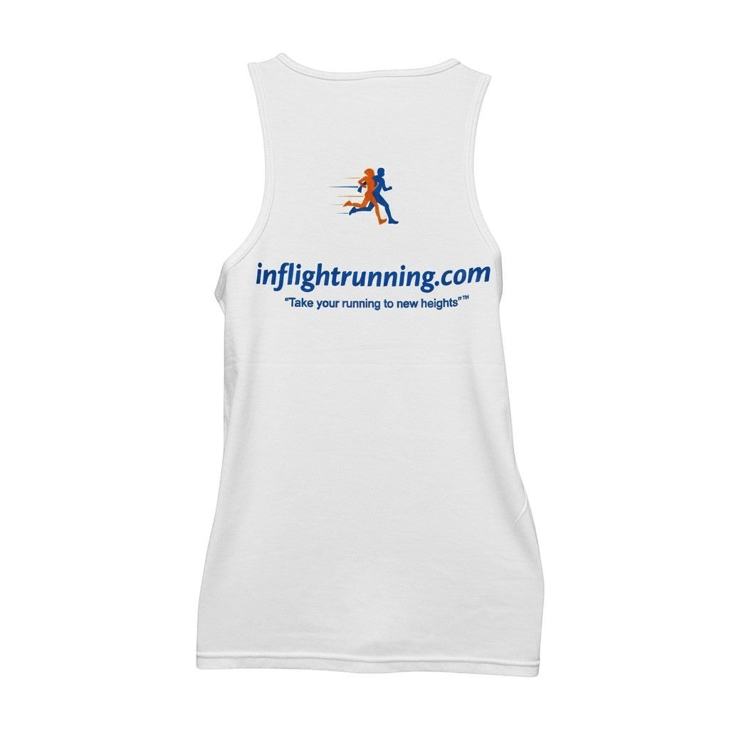 In Flight Running white tri-blend men's running tank with blue and orange runner graphic and website text.