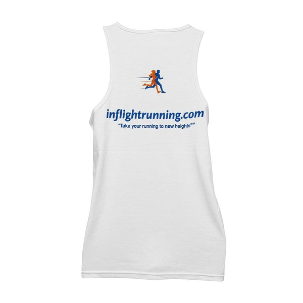 In Flight Running white tri-blend men's running tank with blue and orange runner graphic and website text.