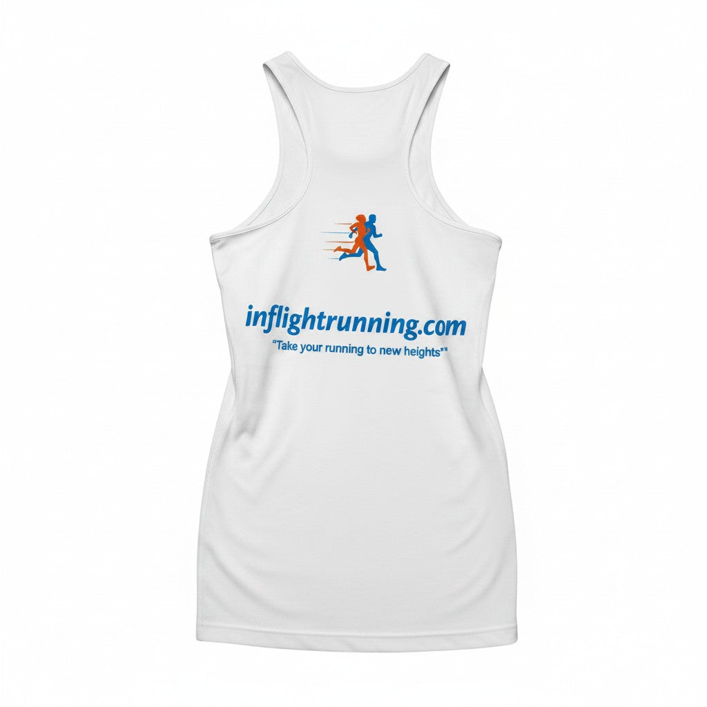 In Flight Running women's light grey polyester racerback running tank with logo and tagline on back.