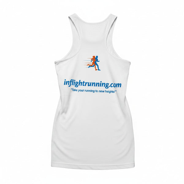 In Flight Running women's light grey polyester racerback running tank with logo and tagline on back.