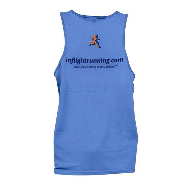 In Flight Running blue tri-blend men's running tank with graphic logo and website on back. Lightweight and sustainable.